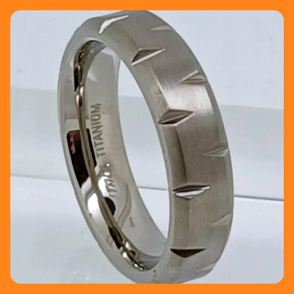 Italy Titanium Vintage 90s Notched Brushed‎ Band Ring Size 10 6mm Silver Gray
